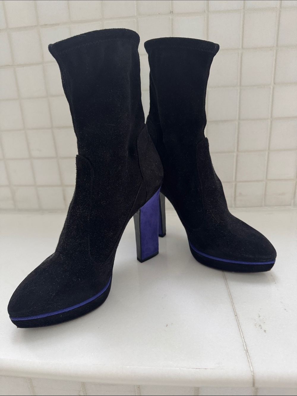 Sergio Rossi Black Suede Ankle Boots with Purple Block Heel,35 1/2